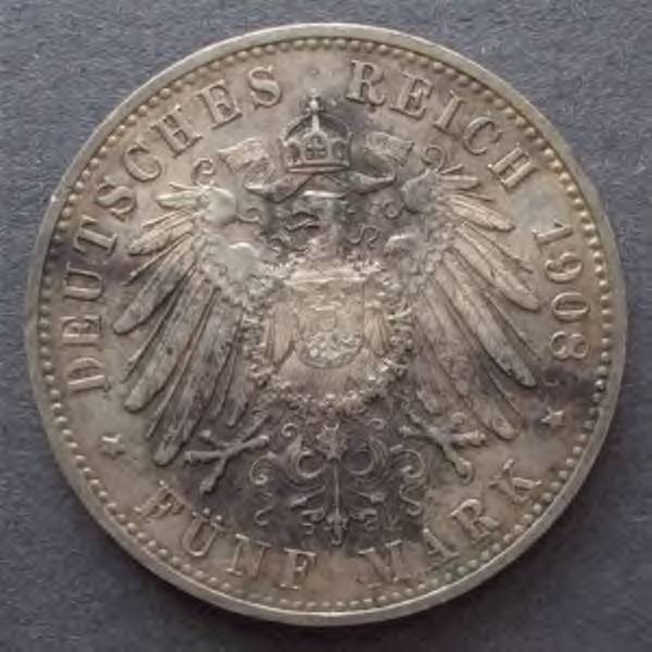 1908-Fã¼nf-Mark---Wã¼rttemberg